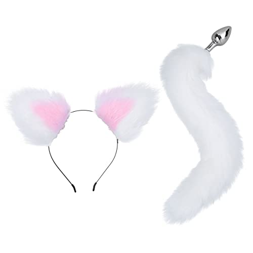 Alvivi Adult Sex Accessories Set,Cat Claw Silicone Tail Ball Butt Plug with Cat Ear Headband for Couple Sex Toys White&Pink One Size