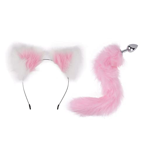 Alvivi Adult Sex Accessories Set,Cat Claw Silicone Tail Ball Butt Plug with Cat Ear Headband for Couple Sex Toys Pink&White One Size