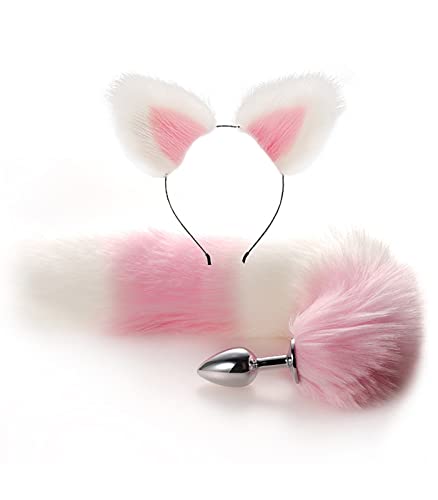 LSCZSLYH Fox Tail Anal Plug Cat Rabbit Ears Headbands Set Feather Anals Plug Anus Stimulate Adult Erotic Accessories (Color : Pink White Set)