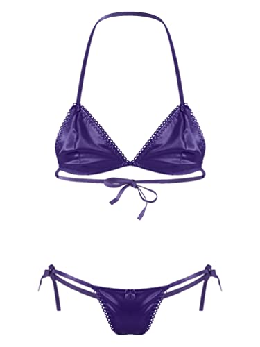 TiaoBug Men's Sissy Crossdress Halter Backless Bra Top with Panty Set Crossdresser Nightwear Purple One Size