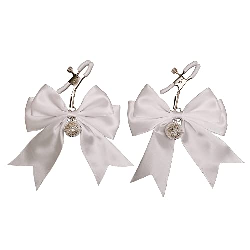 2Pcs Cute Bow Nipple Clamps for Women Girls, Nipple Clamps with Bells, Sexual Pleasure Nipple Jewelry Sex Toys Non Piercing (White)