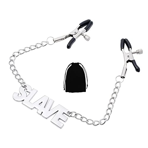 MONEYN Adjustable Nipple Clamps with Letter Chain, Massage Breasts Clips Nipple Clips, Nipple Clamps Non Piercing for Ladies Own Use and Flirting with Couples (Slave)