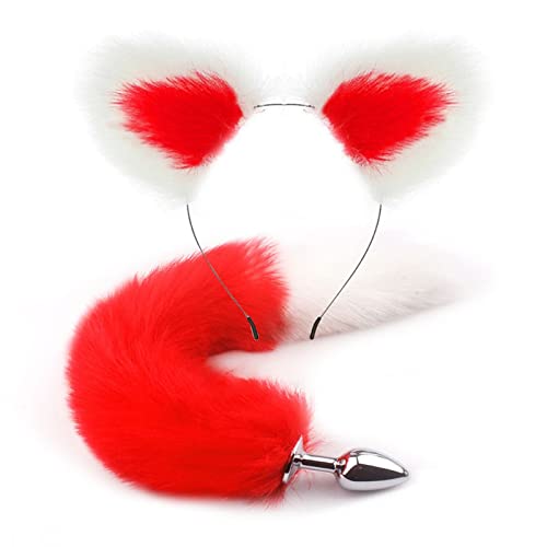 Metal Anal Plug Sexy Tail Fox Tail Butt Plug Anal Sex Toys for Adults Erotic Animal Tail Cosplay Accessorie Prostate Massager (Color : Redwhite)