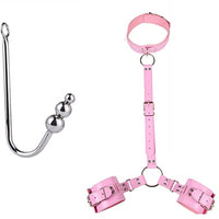 Couple Sex Game Tool Women's Sexy Bdsm Restraint Kit Back Handcuffs Collar SM Bondage Sets Anal hook (3-Style-Pink)