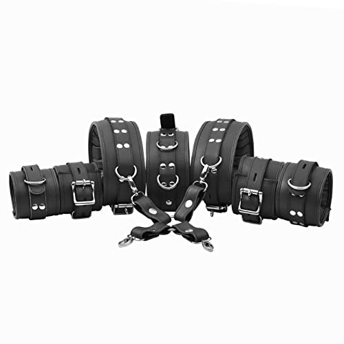 Real Cow Leather Wrist, Ankle, Thigh Cuffs,Collar Restraint Bondage Set 7 Piece