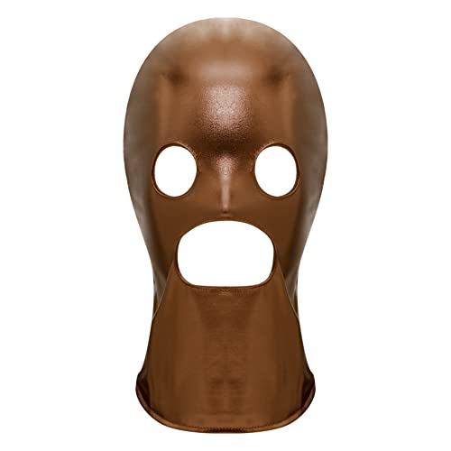 Hedmy Unisex Sexy Head Mask Shiny Hood Headgear Role Playing Game Erotic Open Mouth Hood Mask Brown C One Size