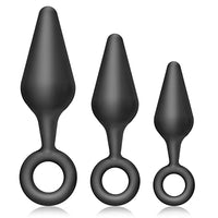 FST Silicone Anal Plug Training Set with Safe Pull Ring, 3Pcs Butt Plug Trainer Kit Prostate Stimulate G-spot Stimulation Anal Sex Toy for Beginners Men Women Couples Black