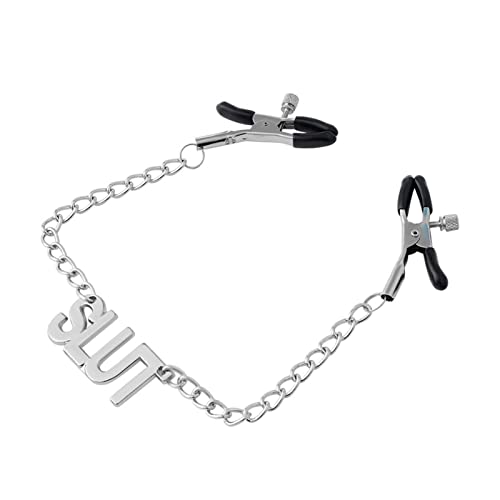 Nipple Clamps with Chain - Adjustable Non Piercing Nipple Clamps with Letter Chain, Nipple Clamps for Sex Pleasure, Nipple Clamps for Sex, Nipple Clamps (Slut)