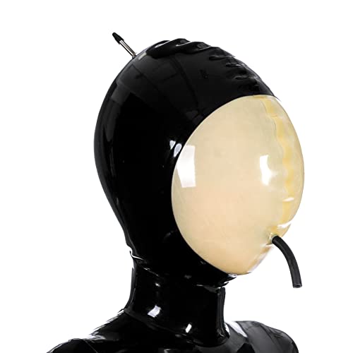 Latex Hood Inflatable Mask Full Face Hood Inflation Breathing Zipped Latex Mask (L, Black-Transparent)