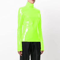 Long Sleeve Hight-Neck PU Leather T-Shirts Women Leather PVC Tops Pole Dancing Clothing,Fluorescent Green,XL