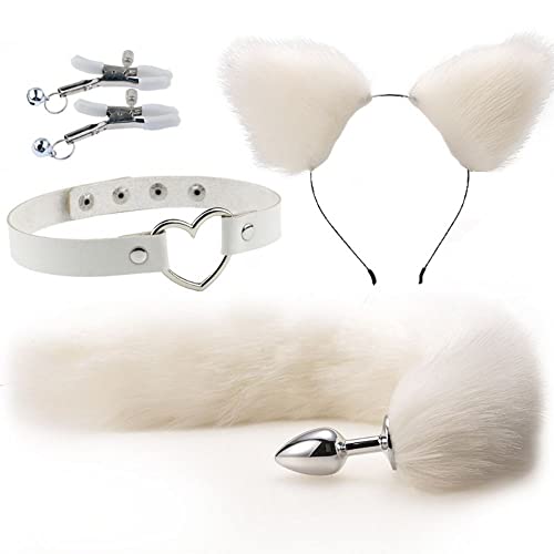 Women's Fetish Restraint BDSM Faux Fur Cat Ears Hair Anal Plug Tail Sex Toys for SM Cospaly Party Accessory (White)