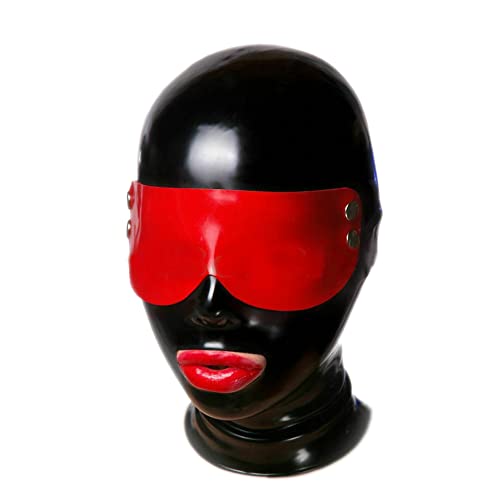 Latex Hood mask for Women sm Mask Full Face Big Mouth with Red Detachable Blindfold Zipper Latex Mask Fetish (L, No Blindfold)