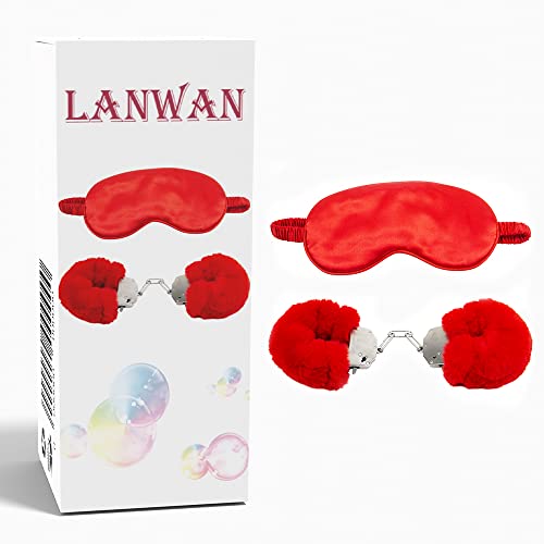 LANWAN Steel Handcuffs with 2 Keys Plush Handcuffs with Blindfold Double Lock for Sport Durable Cuffs Kit (Red)