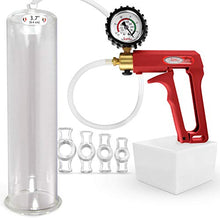 Load image into Gallery viewer, LeLuv Maxi and Protected Gauge Red Penis Pump for Men Bundle with 4 Sizes of Constriction Rings 12 inch Length x 3.70 inch Cylinder Diameter
