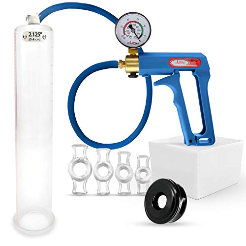 LeLuv Maxi Blue Plus Vacuum Gauge Penis Pump Bundle with Premium Silicone Hose, Black TPR Seal and 4 Sizes of Constriction Rings 12 inch x 2.125 inch Cylinder