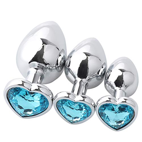 Anal Plug Trainer Kit 3 Pcs Metal Butt Plug with Different Sizes Anal Dilator Sex Toys with Heart Shaped Jewelry Base for Men Women Couples Play (Light Blue)