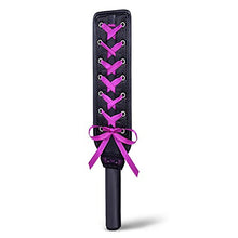 Load image into Gallery viewer, Hand Slapper Leather Spanking Paddle with Purple Ribbon Bow and Black Satin Eye Mask Blindfold
