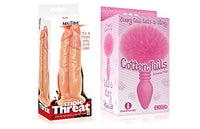 Sexy Gift Set of Massive Triple Threat 3 Cock Dildo and Icon Brands Cottontails, Silicone Bunny Tail Butt Plug, Ribbed Pink