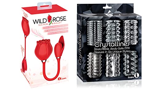 Sexy, Kinky Gift Set Bundle of Wild Rose and Bullet and Icon Brands Crystalline TPR Cock Sleeves, 6 Pack, Clear