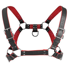 Load image into Gallery viewer, Master Series Heathen&#39;s Harness Male Body Harness for BDSM, Vegan Leather Body Harness Restraints with 2 inch Cock Ring. Large - X-Large, Black &amp; Red

