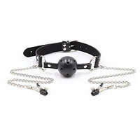 SM Bondage Under Bed Restraint Kit Sex Toy Leather Strap Plastic Mouth Ball Gag with Nipple Clamps Chain Nipple Clips Nipple Jewelry Nipple Toys Role Game Play