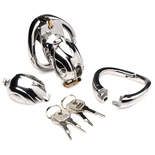 MASTER SERIES Entrapment Deluxe Locking Chastity Cage for Men, and Couples. Stainles Steel Cage with 4 Different Components Perfect for Chastity Play. 5 Piece Set, Silver.