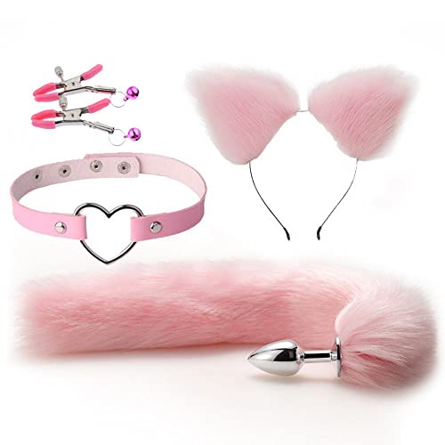 Women's Fetish Restraint BDSM Faux Fur Cat Ears Hair Anal Plug Tail Sex Toys for SM Cospaly Party Accessory (Pink)