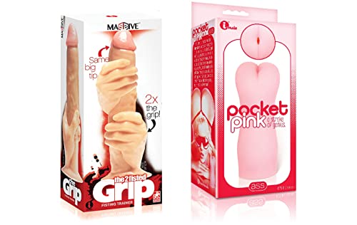Sexy Gift Set Bundle of Massive The 2 Fisted Grip Dildo and Icon Brands Pocket Pink, Mini Ass Masturbator