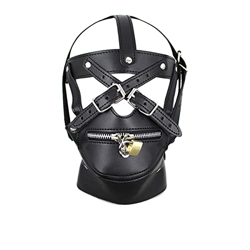 Head Harness PU Leather Hood Zipper Open Mouth Headgear Adult Games Fetish JL-038 (Black)