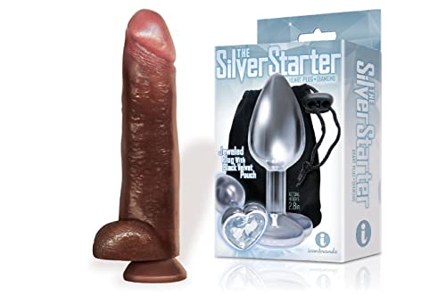 Sexy, Kinky Gift Set Bundle of Blackout 13 Inch Realistic Cock Dildo Brown and Icon Brands The Silver Starter, Bejeweled Heart Stainless Steel Plug, Diamond