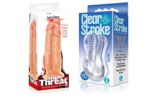 Sexy, Kinky Gift Set Bundle of Massive Triple Threat 3 Cock Dildo and Icon Brands Clear Stroke - Twister, Masturbator