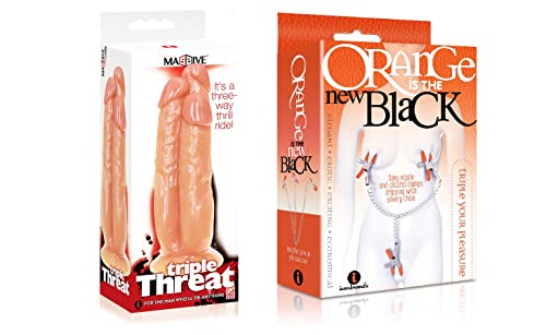 Sexy Gift Set of Massive Triple Threat 3 Cock Dildo and Icon Brands Orange is The New Black, Triple Your Pleasure Clamps & Chain