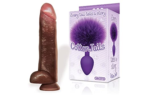 Sexy, Kinky Gift Set Bundle of Blackout 13 Inch Realistic Cock Dildo Brown and Icon Brands Cottontails, Silicone Bunny Tail Butt Plug, Purple