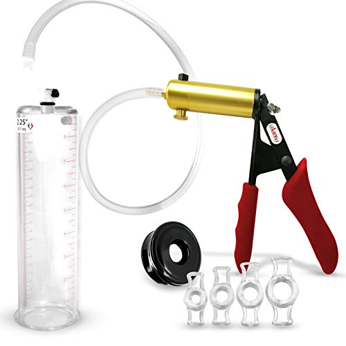 LeLuv Ultima Penis Pump Red Ergonomically Padded Silicone Grips Bundle with Soft Black TPR Seal and 4 Sizes of Constriction Ring 9 x 2.25 inch Cylinder