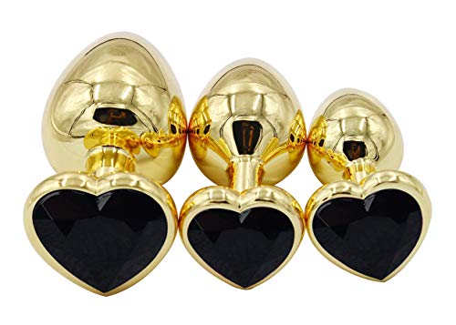 3Pcs Set Luxury Metal Butt Toys Heart Shaped Anal Trainer Jewel Butt Plug Kit S&M Adult Gay Anal Plugs Woman Men Sex Gifts Things for Beginners Couples Large/Medium/Small,Golden Black