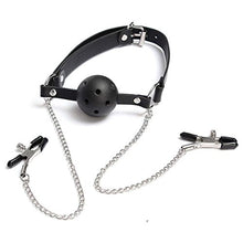 Load image into Gallery viewer, Mouth Ball Gag with Adjustable Nipple Clamps - Moonight Gag Open Mouth with Breast Nipple Clip with Chain - Black
