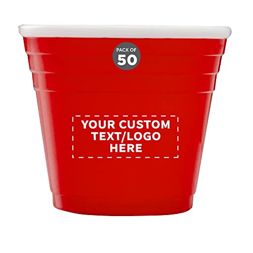 Custom Party Cup Shot Glasses 2 oz. Set of 50, Personalized Bulk Pack - Made with Hard Plastic, Great for Birthdays, Parties, Indoor & Outdoor Events - Red