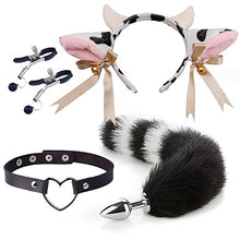 Load image into Gallery viewer, 4 Pcs Set Fun Cow Sheep Antelope Rabbit Sexy Maid Tie Ear Hairpin SM Metal Tail Anal Plug. Cosplay Neck Chest Bondage Accessories Sex Toy for Women Female Men Male Unisex (Cow Pink)
