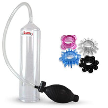 Load image into Gallery viewer, LeLuv Easyop 2.25 Inch by 9 Inch Cylinder Penis Pump Black Bgrip Ball Handle Clear Graduated Cylinder/Clear Collapse-Resistant Hose + 4 Stretchy Cock Rings [100112-001]
