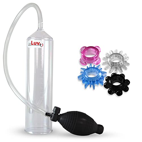 LeLuv Easyop 2.25 Inch by 9 Inch Cylinder Penis Pump Black Bgrip Ball Handle Clear Graduated Cylinder/Clear Collapse-Resistant Hose + 4 Stretchy Cock Rings [100112-001]