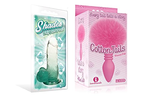 Sexy Gift Set of Shades, Small Jelly Silicone, Gradient Dong, Emerald and Icon Brands Cottontails, Silicone Bunny Tail Butt Plug, Ribbed Pink