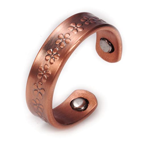 FUDSHTER Ring Pure Copper Rings Magnetic Health Energy 6mm Open Cuff Adjustable Rings for Women Vintage Flower Wedding Bands Finger Ring Women