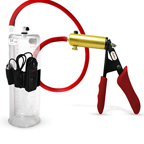 LeLuv Vibrating Penis Pump Ultima Handle Red Premium Ergonomic Grips & Uncollapsable Slippery Hose | 9
