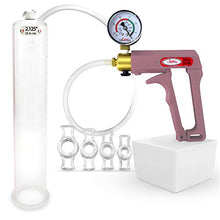 Load image into Gallery viewer, LeLuv Maxi Purple Handle Plus Vacuum Gauge Penis Pump Bundle with 4 Sizes of Constriction Rings 12 inch x 2.125 inch Cylinder
