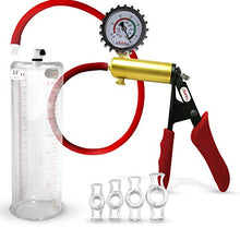 Load image into Gallery viewer, LeLuv Penis Vacuum Pump Ultima Handle Red Premium Ergonomic Grips &amp; Uncollapsable Slippery Hose Bundle with Protected Gauge, 4 Constriction Rings | 9&quot; Length x 3.00&quot; Diameter Cylinder
