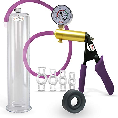 LeLuv Ultima Purple Premium Penis Pump with Ergonomic Grips and Silicone Hose, Gauge + Sleeve & Cock Rings | 12