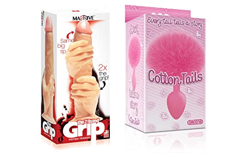 Sexy, Kinky Gift Set Bundle of Massive The 2 Fisted Grip Dildo and Icon Brands Cottontails, Silicone Bunny Tail Butt Plug, Pink