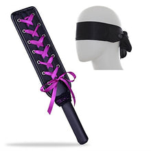 Load image into Gallery viewer, Hand Slapper Leather Spanking Paddle with Purple Ribbon Bow and Black Satin Eye Mask Blindfold
