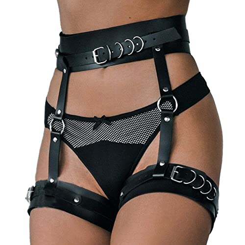 Furealux Punk Leather Body Chain, Adjustable Waist Chain Belt Garter Belts with Handcuffs, Fashion Body Chains for Women and Girls