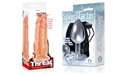 Sexy, Kinky Gift Set Bundle of Massive Triple Threat 3 Cock Dildo and Icon Brands The Silver Starter, Bejeweled Heart Stainless Steel Plug, Diamond
